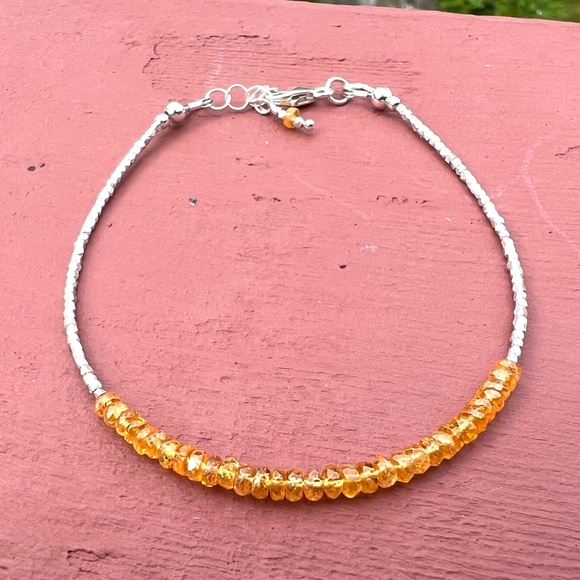 Natural Orange Sapphire Bracelet Sterling Silver and Pure Silver , 7.08" - 7.6" - Picture 6 of 9